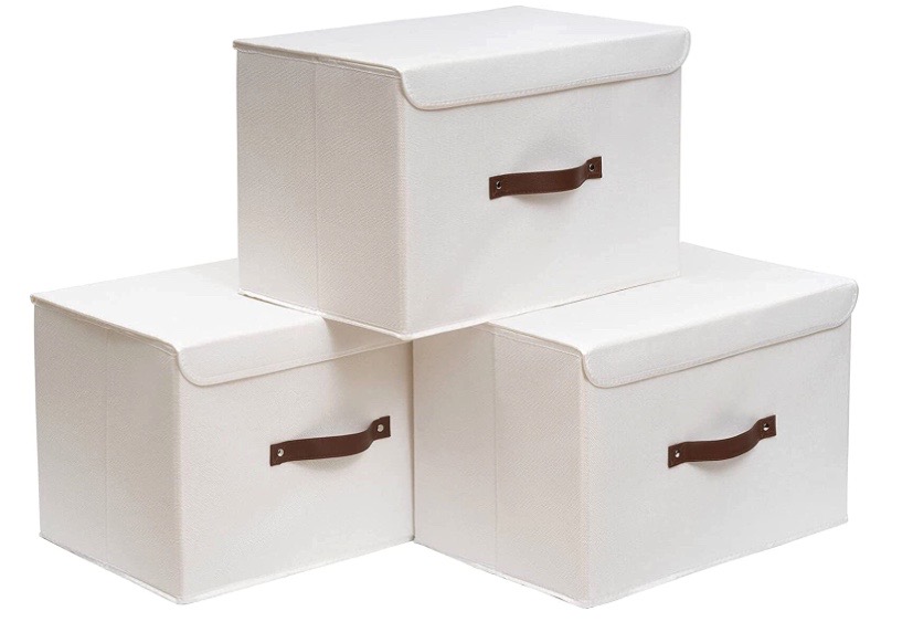 OUTBROS 3 Stück Aufbewahrungsboxen mit Deckel, 45 x 30 x 30 cm, faltbare Stoffboxen, Aufbewahrungskörbe, Organizer für Spielzeug, Kleidung, Bücher, weiß