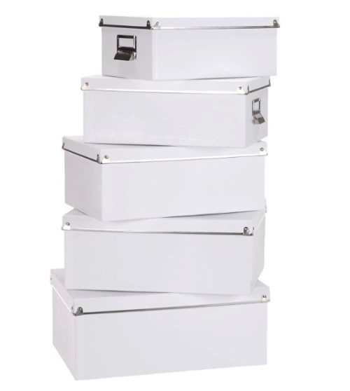 ZELLER Aufbewahrungsboxen-Set, 5-tlg., Pappe, weiß, Ordnungsbox, mit Beschriftungsfeld, Deckel durch Metallleisten verstärkt, Faltbar