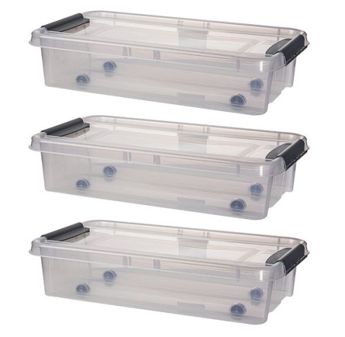 Unterbettkommode Unterbettbox mit Rollen, Deckel, Clip-Verschlüssen 3er-Set - 73 x 40 x 17 cm (31 Liter) transparent - robust - stapelbar