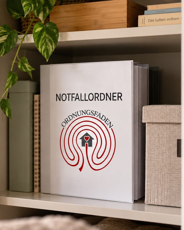 Der Notfallordner von Ordnungsfaden im Regal, zwischen Büchern und Kisten