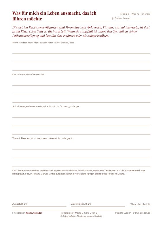 Seite aus Modul 5 Was nur ich weiß des Notfallordners