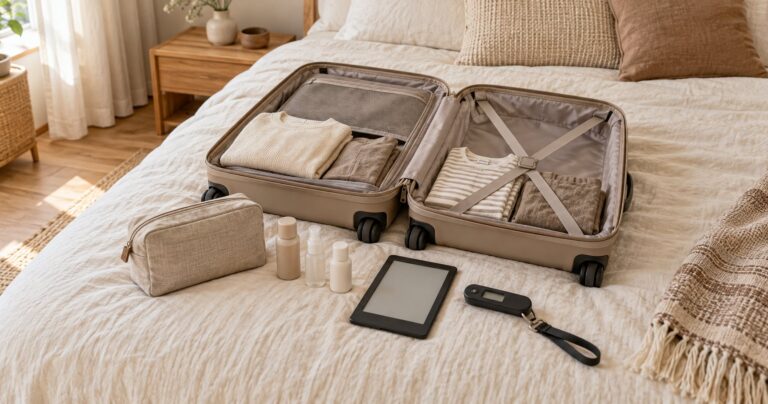 Geöffneter Koffer auf dem Bett mit Packtaschen, Kulturbeutel und Lesegerät