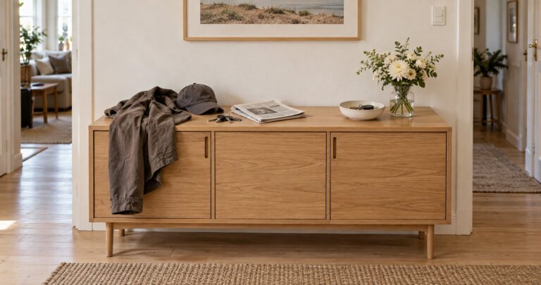 Sideboard im Flur, auf einer Seite liegen Jacke und Schlüssel, die andere ist aufgeräumt