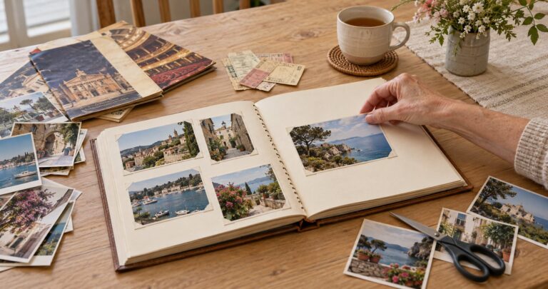 Angefangenes Fotoalbum auf dem Tisch mit losen Urlaubsfotos und einer Tasse Tee