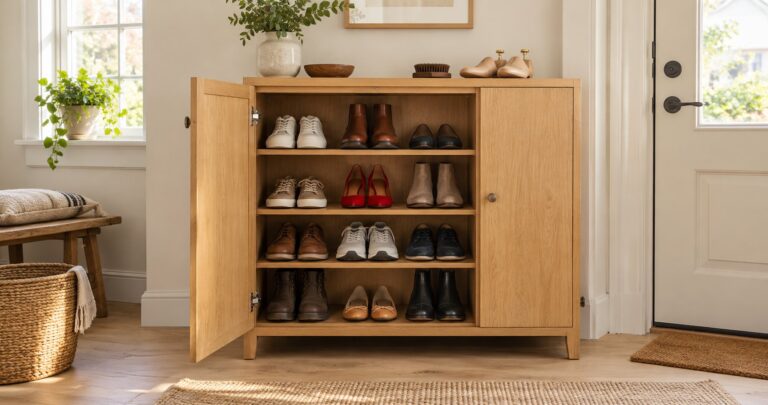 Heller Schuhschrank aus Holz im Eingangsbereich mit ordentlich aufgereihten Schuhen