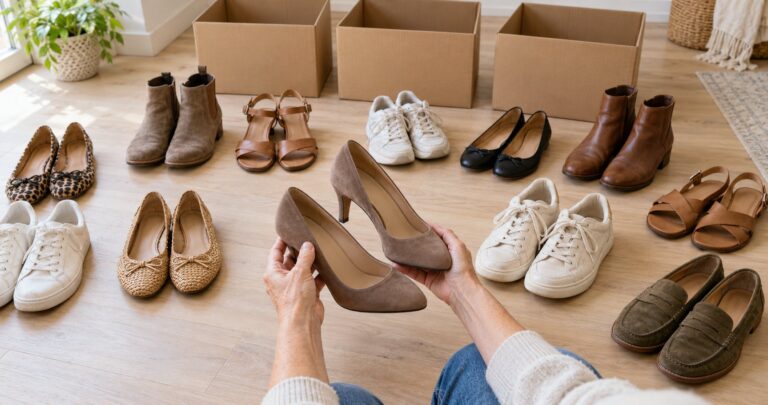 Ausgebreitete Schuhe auf dem Holzboden, zwei Hände prüfen ein Paar Pumps