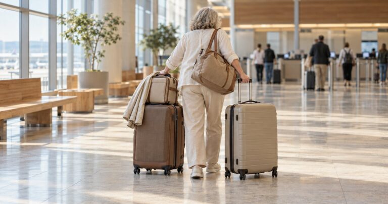Frau von hinten am Flughafen mit 2 Koffern, Reisetasche und Handgepäck
